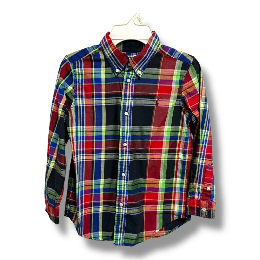Ralph Lauren Boys Multi Color Plaid Cotton Button Down Shirt Size 7 Long Sleeve‎